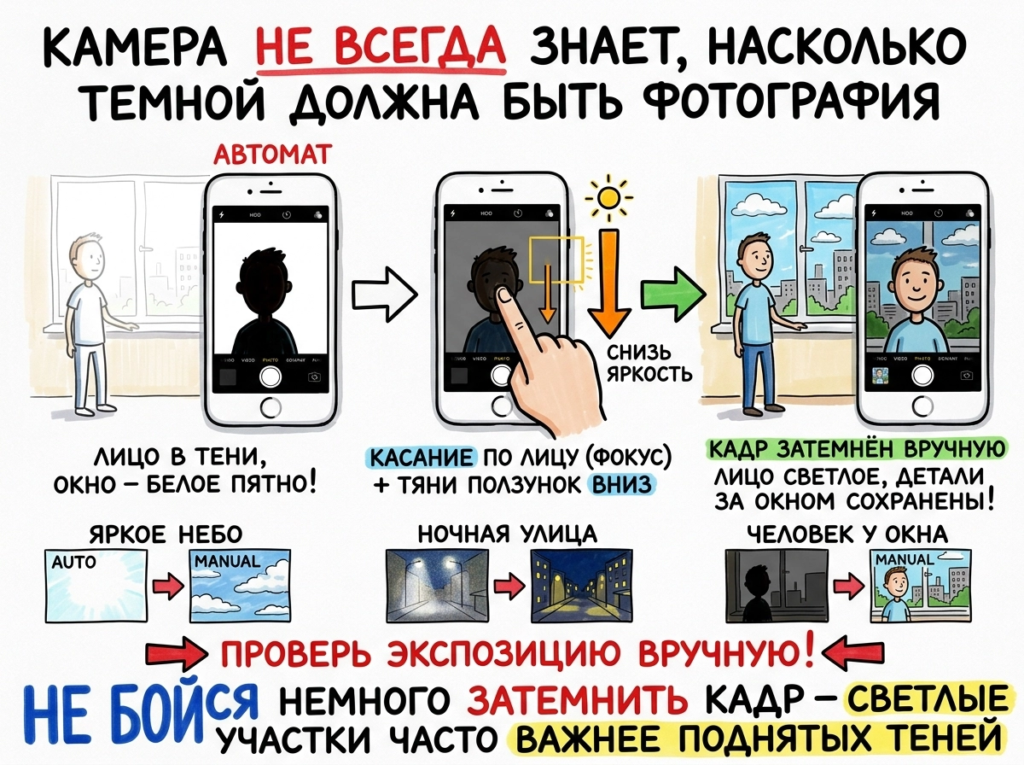 проверяйте экспозицию кадра вручную